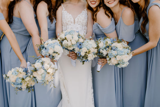 White and light blue wedding bouquet